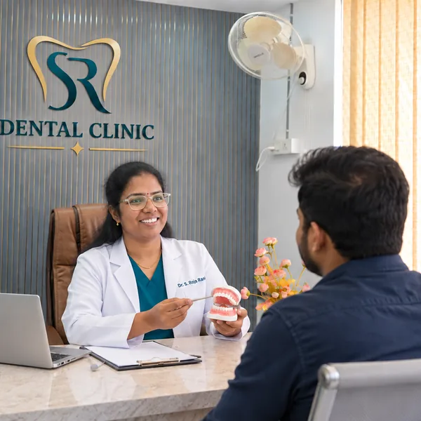 Dentist with a patient at SR Multispeciality Dental Clinic, Gajularamaram